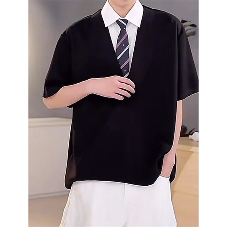 夏季百搭假两件短袖衬衫宽松型设计感polo衫衬衣T3686-特价P40,男装T恤,电商A007