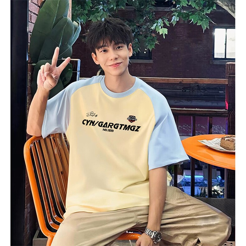 抖音得物高品质二开240克宽松纯棉美式潮牌插肩袖拼接短袖T恤图片