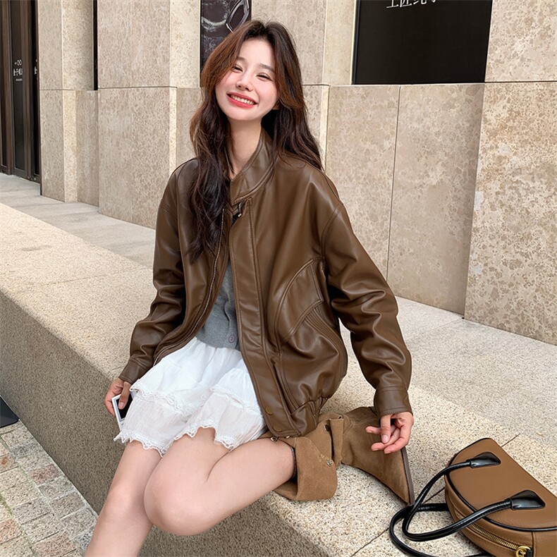 美拉德咖色短款皮衣外套女春秋2025新款高级感复古宽松休闲小夹克，女装皮衣，帛锦泉