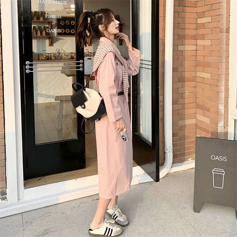 《新款新品》长袖收腰显瘦条纹披肩配腰带衬衣领休闲连衣裙,女装连衣裙,唛多