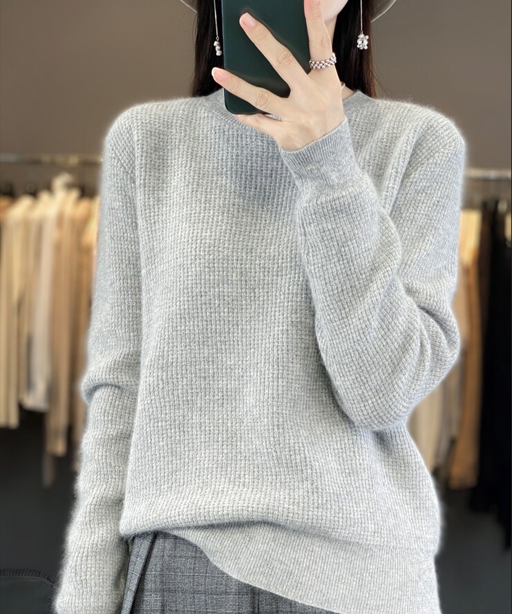 羊毛衫女圆领桂花针纯色长袖毛衣宽松打底衫上衣,女装羊毛衫,犀桦羊绒