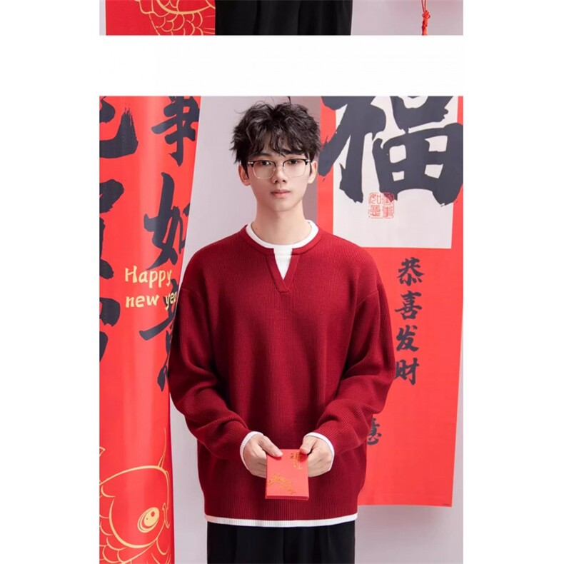 网络图现货高质量假两件红色喜庆年会圣诞新年毛衣JM5329-P55,男装针织衫/毛衣,星座715-7