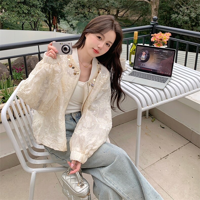 减龄重工刺绣短款蕾丝外套女2025春秋季新款韩系休闲显瘦夹克上衣,女装短外套,2C285