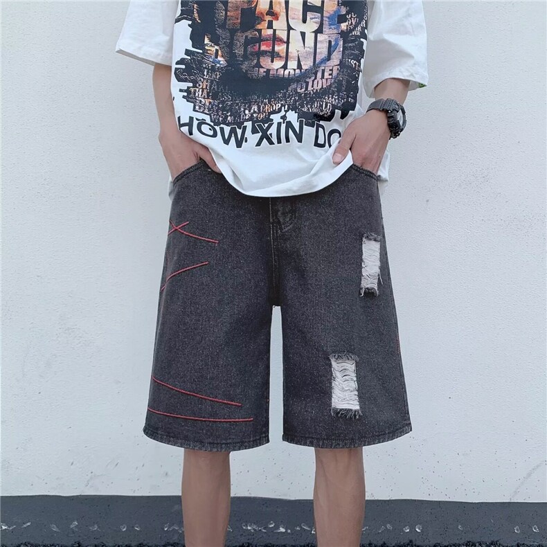 高街夏季破洞牛仔短裤男做旧阔腿五分裤宽松裤子D6607-P36,男装牛仔裤,星座1001-1