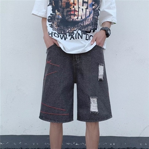 高街夏季破洞牛仔短裤男做旧阔腿五分裤宽松裤子 D6607-P36图片