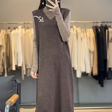 羊毛针织马甲连衣裙女V领无袖套头中长款背心JN2335，女装连衣裙，江南羊绒