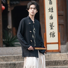 新中式（折枝金竹）棉麻混纺绣花木头扣大码宽松长袖衬衫男女款，男装衬衫，星座305A（原312A-1）
