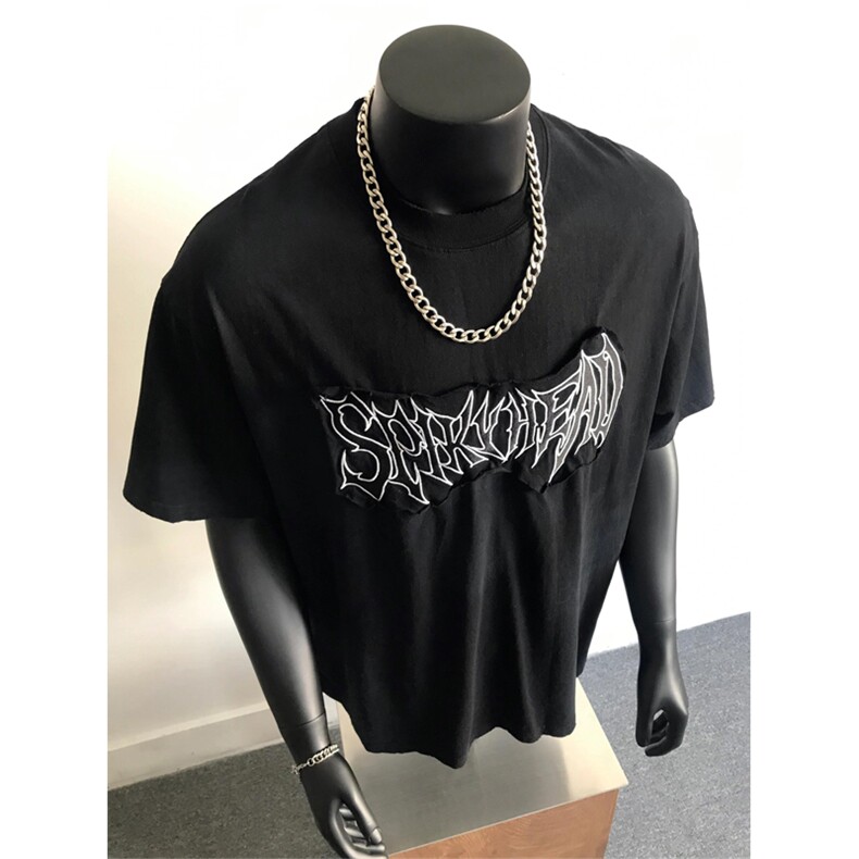 网图有货美式复古做旧脏染刺绣贴布短袖情侣宽松T恤男女A530-P45，男装T恤，星座1505