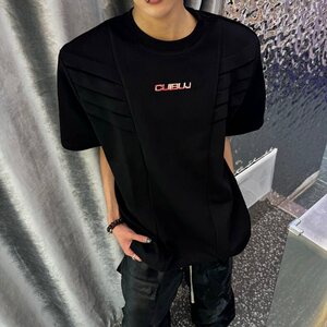 多层次解构垫肩短袖男夏季设计感高级重磅小领口T恤 T1533图片
