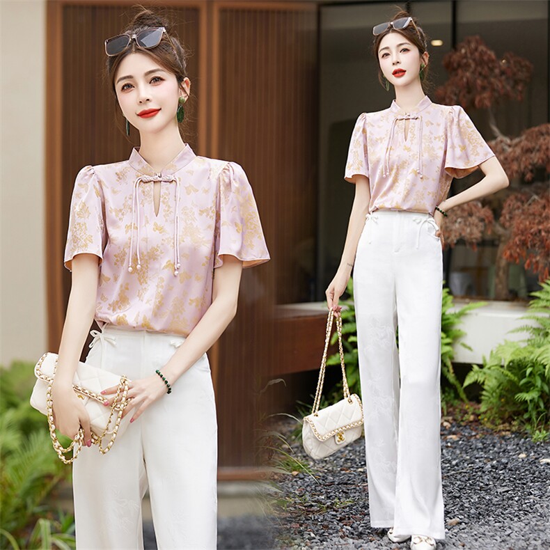 民国风复古小清新两件套装2025年新款夏季新中式缎面旗袍套装女，女装汉服/婚纱/旗袍/礼服，然然