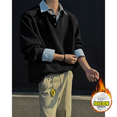 重磅加绒硬挺boxy男女美式高街假两件衬衫领长袖卫衣POLO领打底衫，男装T恤，电商A486