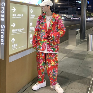 XF01男士港风文艺休闲大码西服套装西装东北大花民族风特色风图片