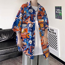 夏季冰丝新款男士宽松港风卡通满印短袖T恤衬衫A125-C33-P38，男装T恤，电商A125