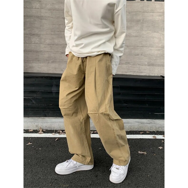 抖音得物纯色简约休闲裤男日系复古宽松束脚口袋装饰工装裤AK10,男装工装外套,电商A443