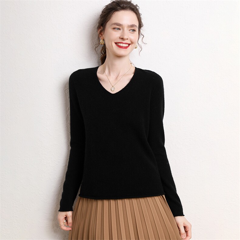 2025春秋新款羊绒衫女100纯山羊绒显瘦V领针织衫纯色修身套头上衣,女装羊绒衫,戎叶云台