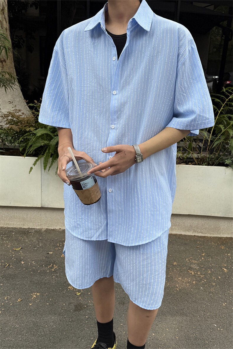 时尚套装男慵懒风条纹蓝色短裤长袖衬衫套装潮流时尚套装特P55,男装牛仔裤,电商B319