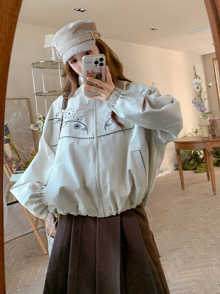 米白色超好看刺绣短外套女2025年秋季新款小个子时尚休闲抽绳夹克,女装派克服,2D034