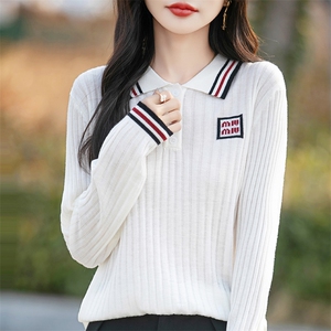 精纺POLO领羊毛衫女拼色字母毛衣衬衣领坑条针织衫韩版打底衫套头图片