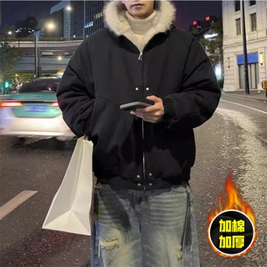 现货高品质美式高街冬季重磅硬挺短款座山雕毛领棉衣男女加厚外套图片