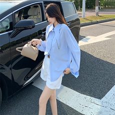 女款春季新款简约宽松尖领百搭纯色长袖衬衣设计感时尚休闲衬衣潮，女装衬衫，江南