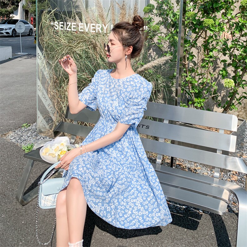 碎花甜美浪漫连衣裙女2025年夏季新款显瘦圆领短袖度假碎花裙,女装连衣裙,2C229