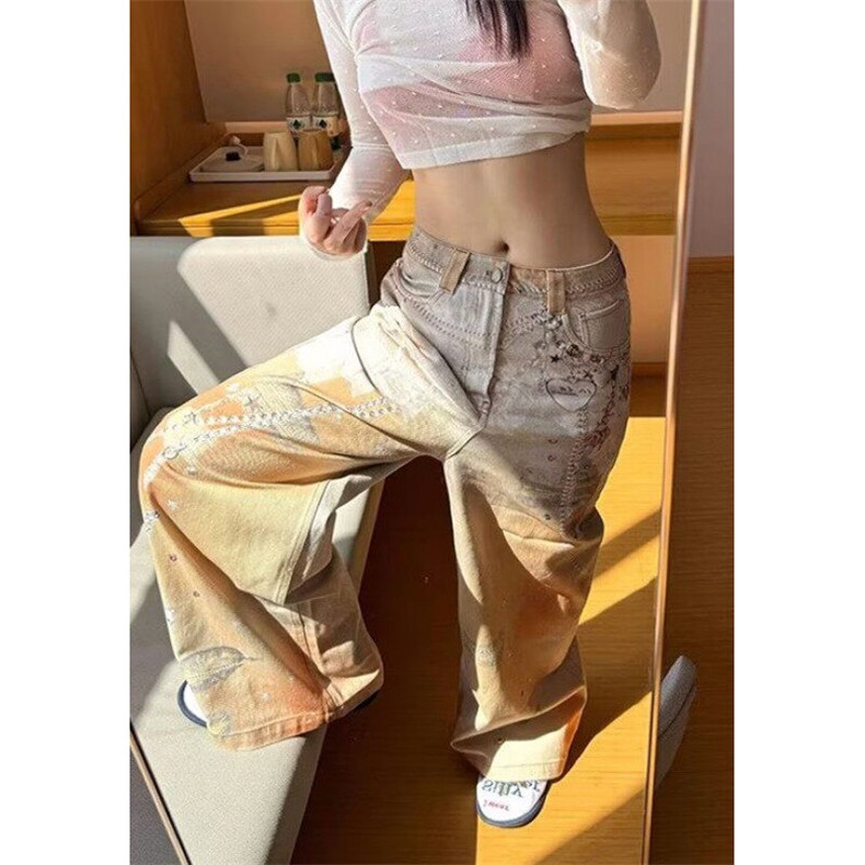 彩色喷绘重工图案印花牛仔裤女宽松直筒阔腿拖地长裤子NB3090,男装牛仔裤,星座1116A（原606A-3）