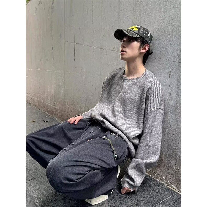 日系慵懒风圆领针织羊毛衫内搭打底线衣不规则破坏毛衣V31P53网图,男装T恤,电商B245