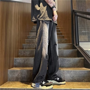 男装牛仔裤NKG13-p46高街水洗破洞黑灰色牛仔裤正反口袋裤子图片
