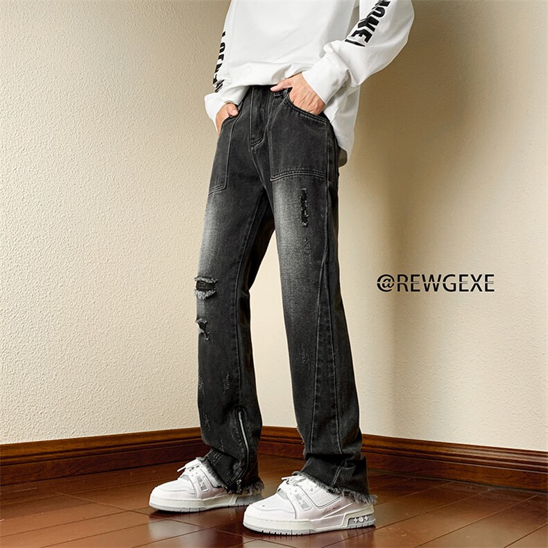 B221美式ins高街小众重工艺毛边拉链破洞牛仔裤LK23016-P65控88,男装牛仔裤,电商B221