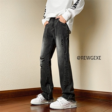B221美式ins高街小众重工艺毛边拉链破洞牛仔裤LK23016-P65控88，男装牛仔裤，电商B221
