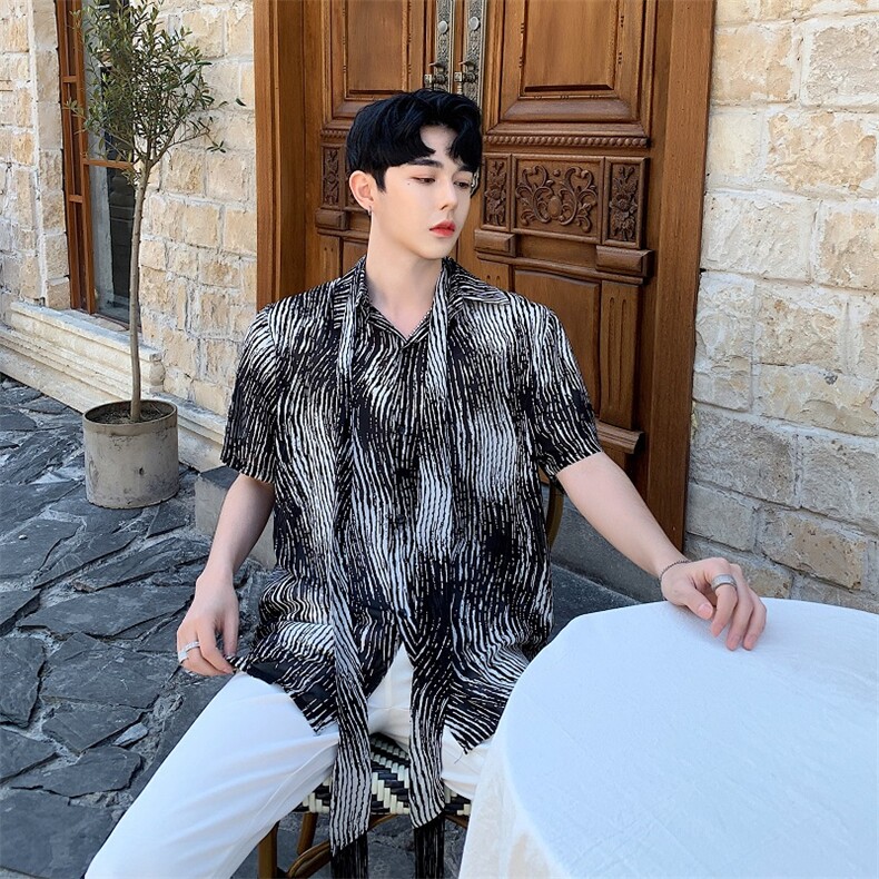 BFY原创夏季领结流苏设计短袖竖条男衬衣A，男装衬衫，电商A345