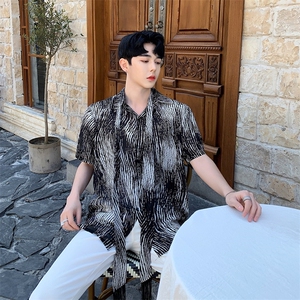 BFY原创夏季领结流苏设计短袖竖条男衬衣A,男装衬衫,电商A345