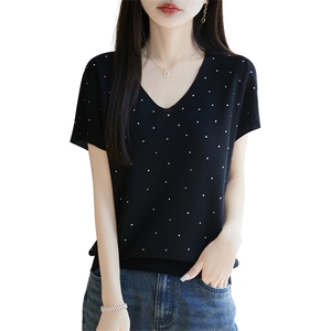 高级感夏季薄款桑蚕丝女短袖t恤时尚减龄V领洋气针织冰丝凉感上衣图片