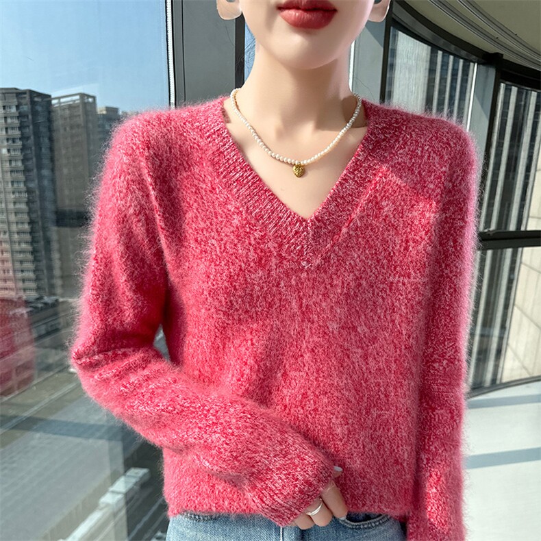 宽松加厚显瘦V领貂绒衫花纱女毛衣2025新款秋冬打底针织羊毛衫,针织衫/毛衣,冬贝尔貂绒