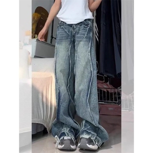 DG3150-P65美式拼接廓形牛仔裤男女闪电纹宽松休闲长裤-网图现货2图片