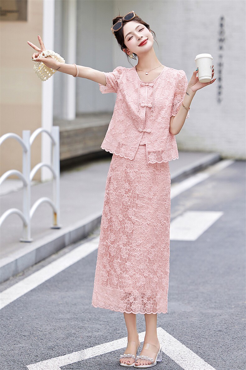 新中式蕾丝半身裙套装女2024夏季高级感盘扣小香风短袖上衣两件套,女装套装/套裙,奕薇雅
