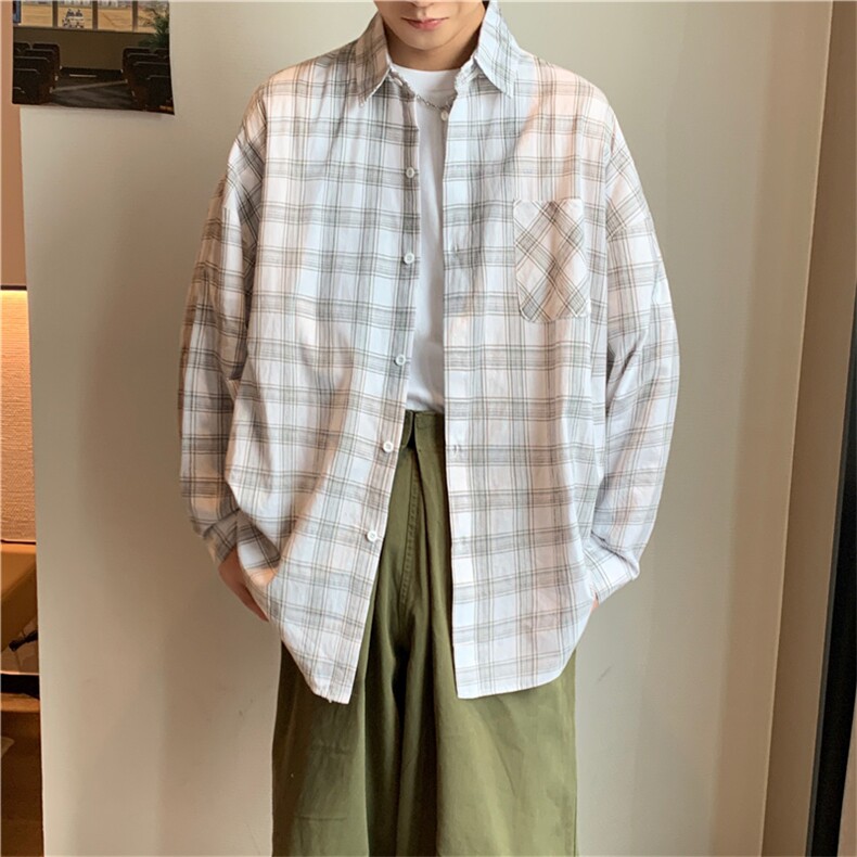 格子衬衫秋季新款潮ins宽松慵懒清新韩版休闲帅气上衣W1290-P33,男装衬衫,星座512-4