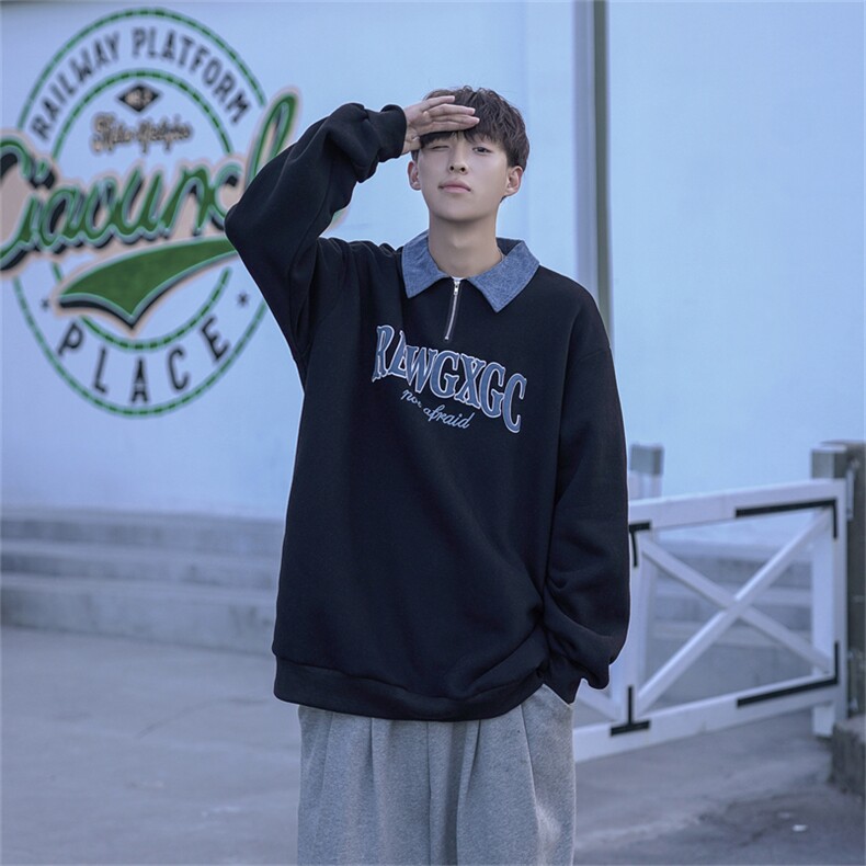 W676-P60控7850%棉50%聚酯纤维半拉链牛仔领POLO衫卫衣男,男装卫衣,电商B369（原A024）