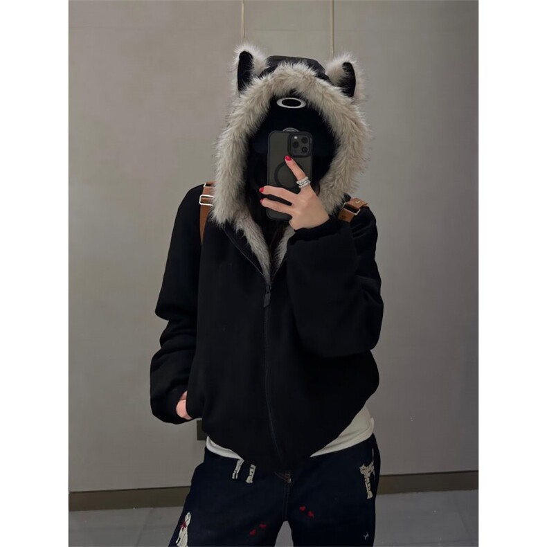 网图原版麂皮绒美潮座山雕猫耳朵CP感毛领棉衣,男装棉衣,星座410-7