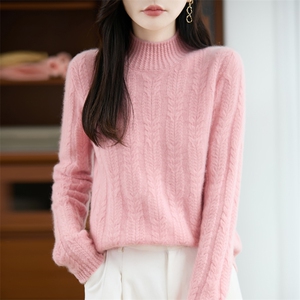 25秋冬半高领绞花100%纯羊毛衫女加厚针织长袖毛衣宽松打底羊毛衫图片
