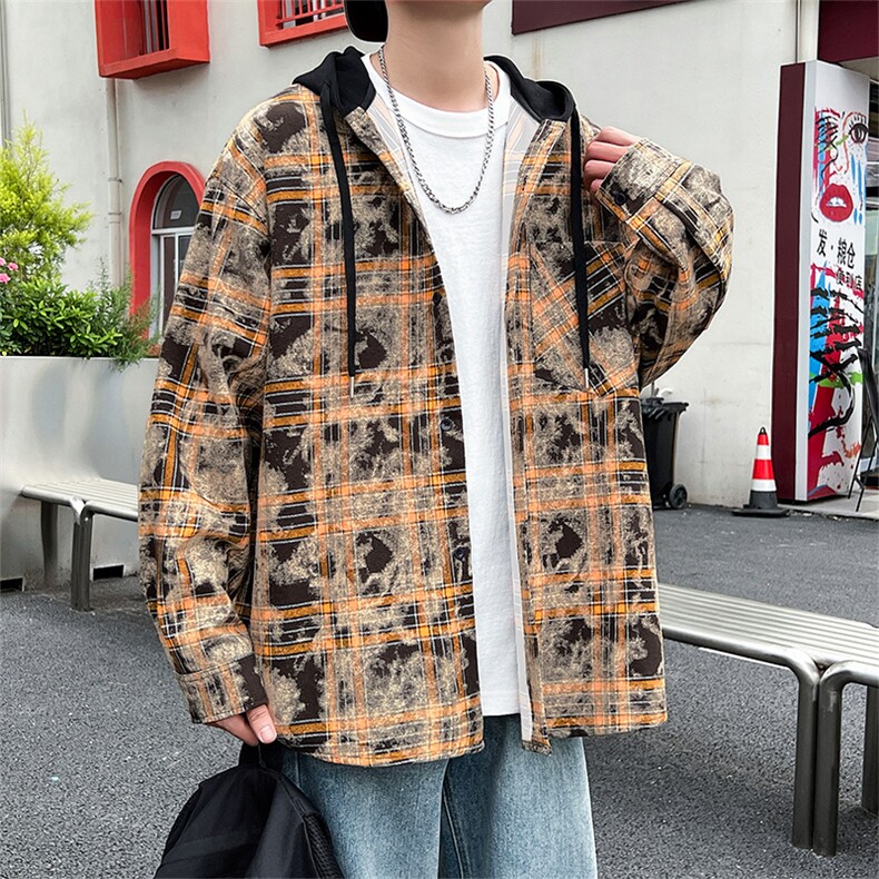 C877-P55M-6XL秋季新款大码美式复古宽松连帽衬衫外套,男装衬衫,星座109
