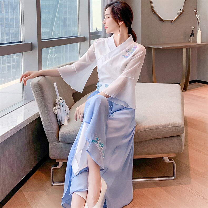 2021新款夏装时尚文艺小清新绣花两件套连衣裙改良旗袍连衣裙,商品下架区,芷墨服饰