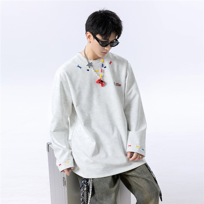 主推款250克春季重磅砂洗做旧刺绣天丝棉长袖T恤JF412-特P45控78，男装T恤，电商A422-1