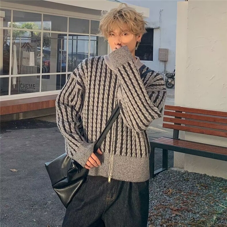 美式复古撞色条纹麻花拉链开衫毛衣外套男休闲百搭上衣，男装针织衫/毛衣，星座218-1（原230）