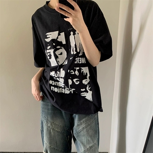 T554-P25 美式复古人像卡通纯棉短袖 潮风男女款上衣图片