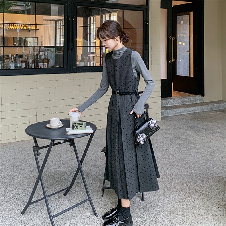 【】灰色毛呢波点背心裙打底衫套装#8615-P155-K228,女装套装/套裙,2C111