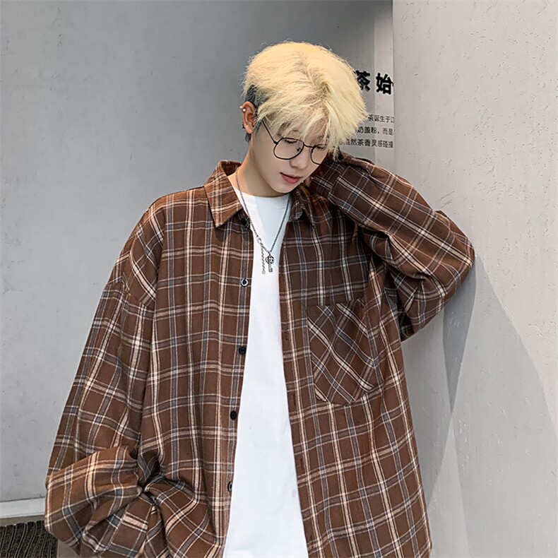 衬衣男秋季新款港风宽松大码磨毛格子长袖衬衫CS530-P38，男装衬衫，星座214-3