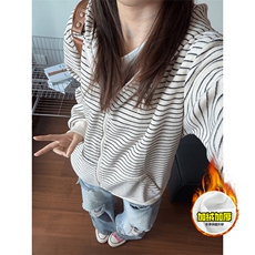 480G重磅加绒硬挺boxy男女秋冬美式高街条纹毛呢卫衣开衫厚外套，女装短外套，电商A486