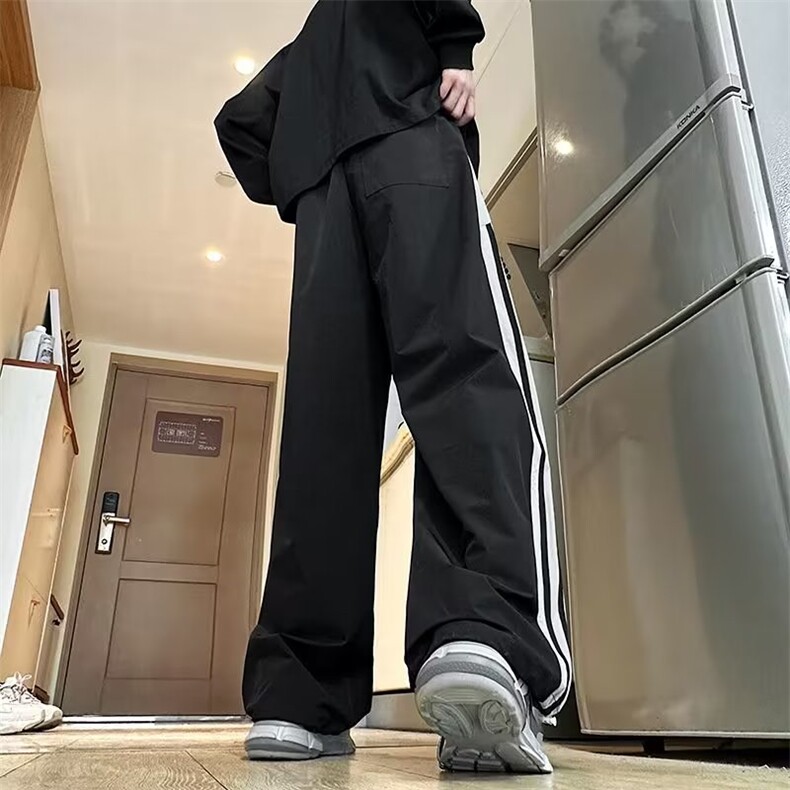 美式复古撞色拼接条纹运动长裤男ins潮牌酒红色直筒阔腿休闲裤子,男装休闲裤,四季星座218-1
