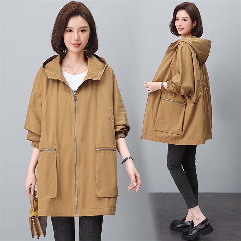 大码风衣中长款秋季女装2025新款时尚休闲胖MM显瘦妈妈装连帽外套，女装风衣，江忆布依